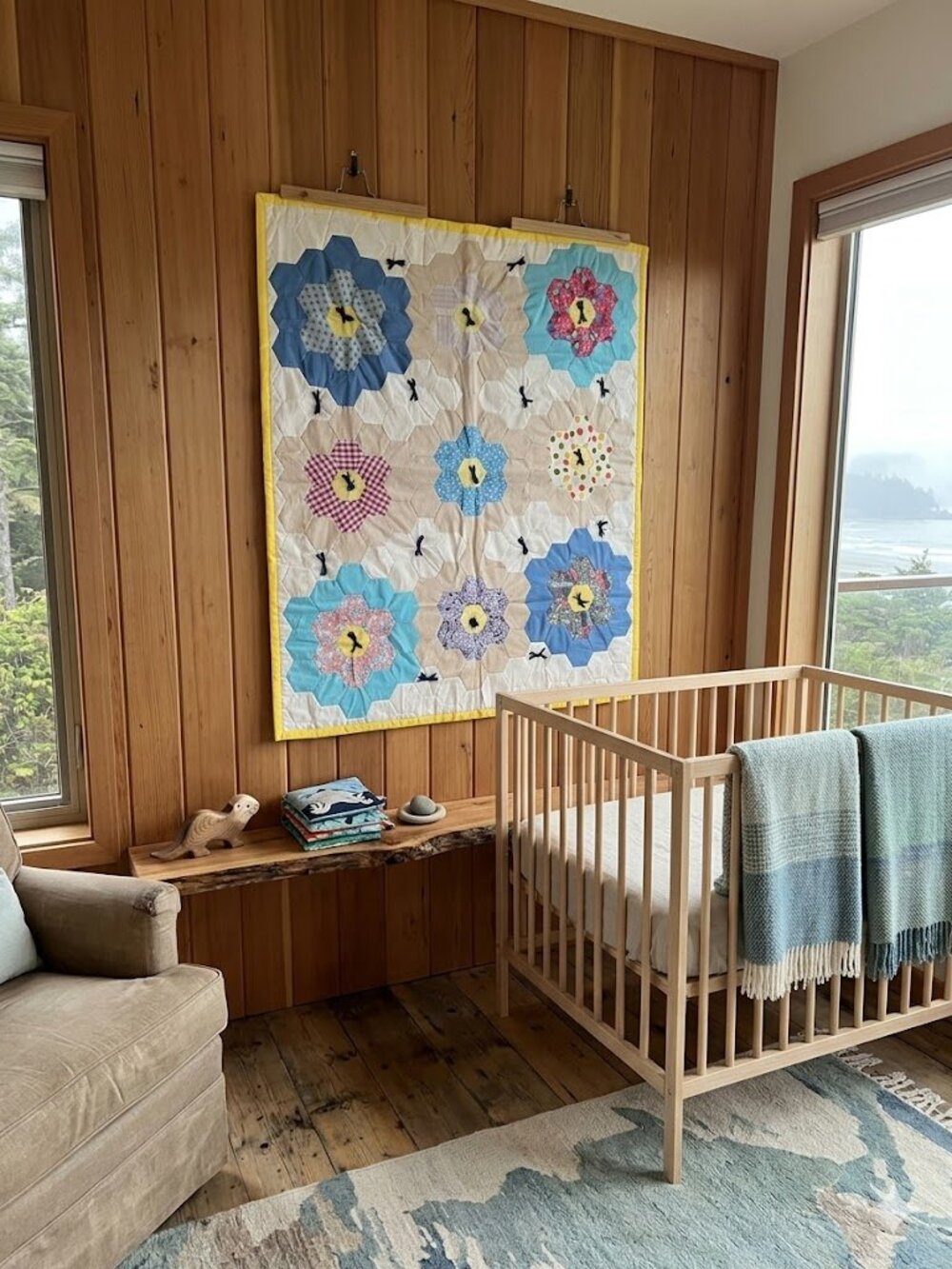 Handmade Floral Patchwork Quilt in Blue, Cream & Yellow